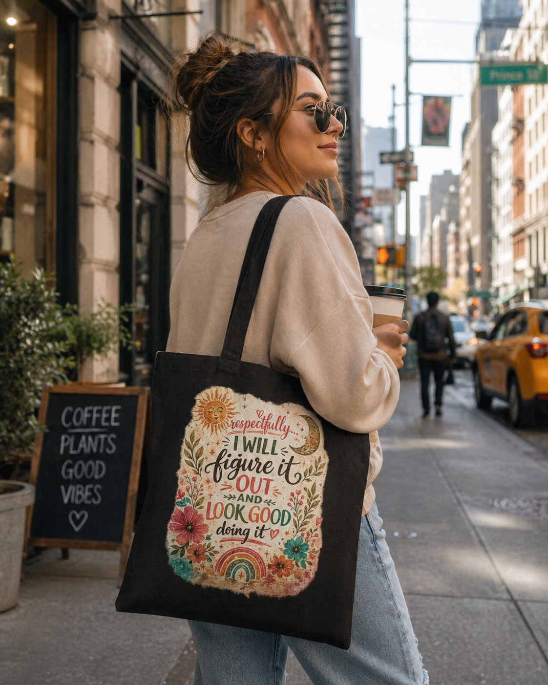 Canvas Tote "I Will Figure It Out and Look Good Doing It" Floral Boho Market Bag