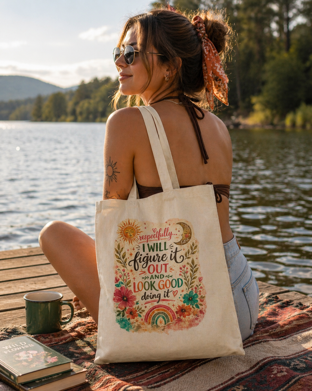 Canvas Tote "I Will Figure It Out and Look Good Doing It" Floral Boho Market Bag