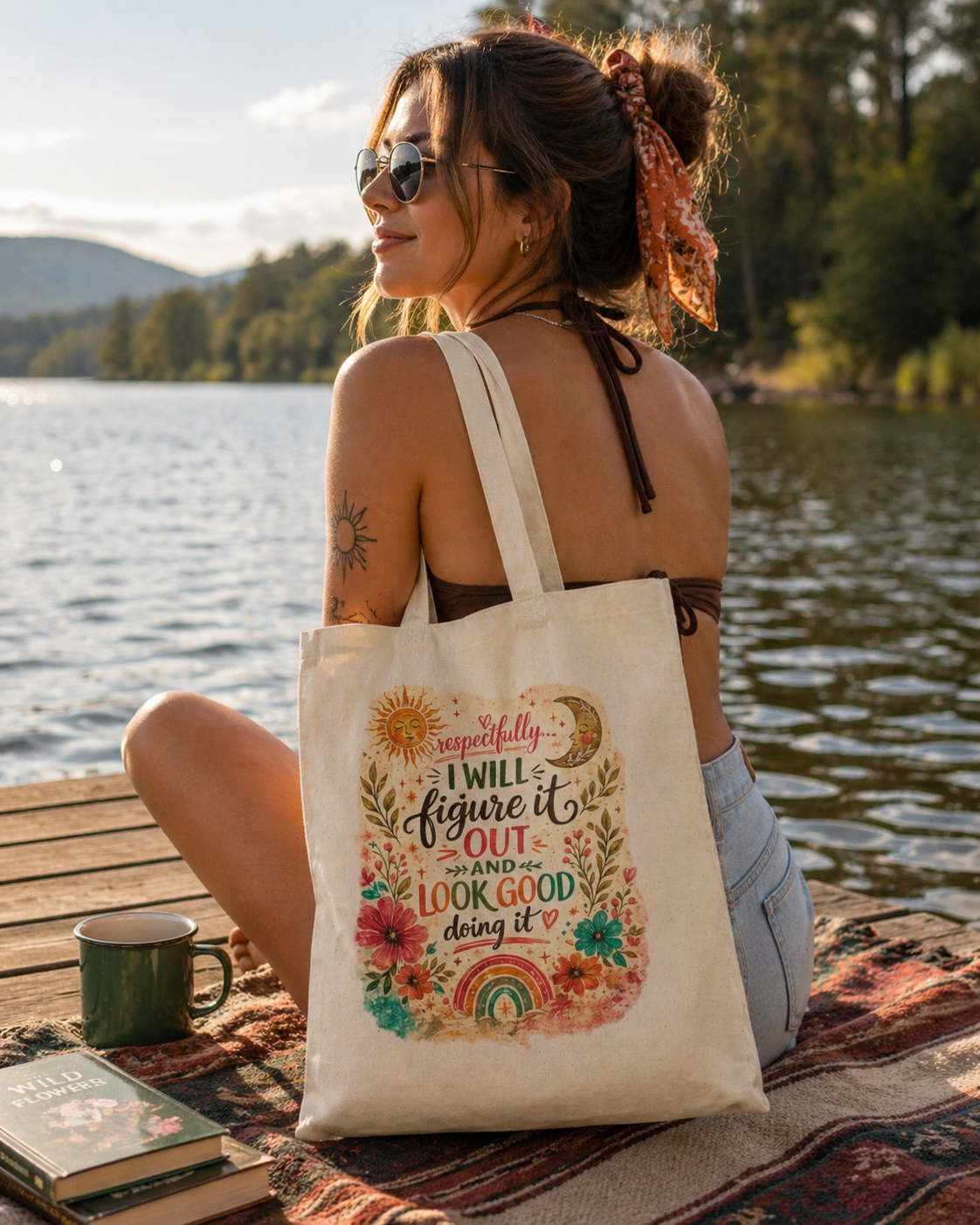 Canvas Tote "I Will Figure It Out and Look Good Doing It" Floral Boho Market Bag