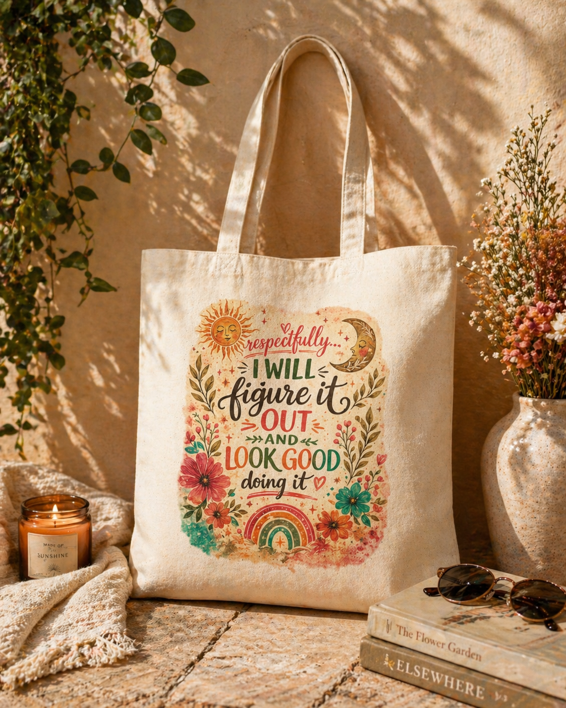 Canvas Tote "I Will Figure It Out and Look Good Doing It" Floral Boho Market Bag