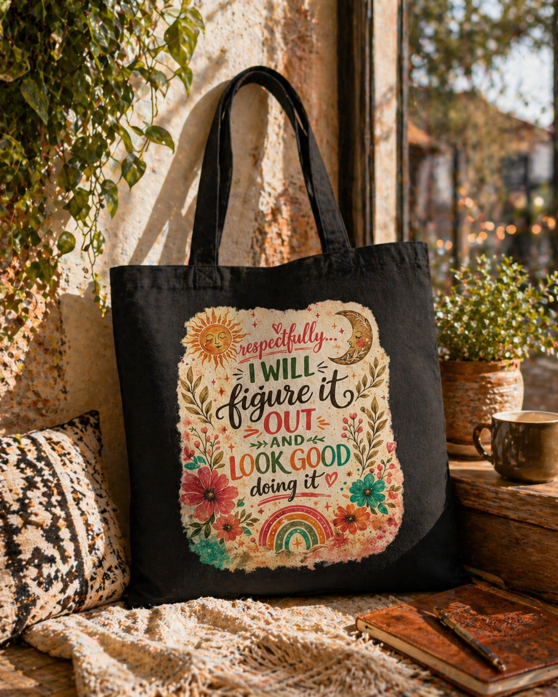 Canvas Tote "I Will Figure It Out and Look Good Doing It" Floral Boho Market Bag